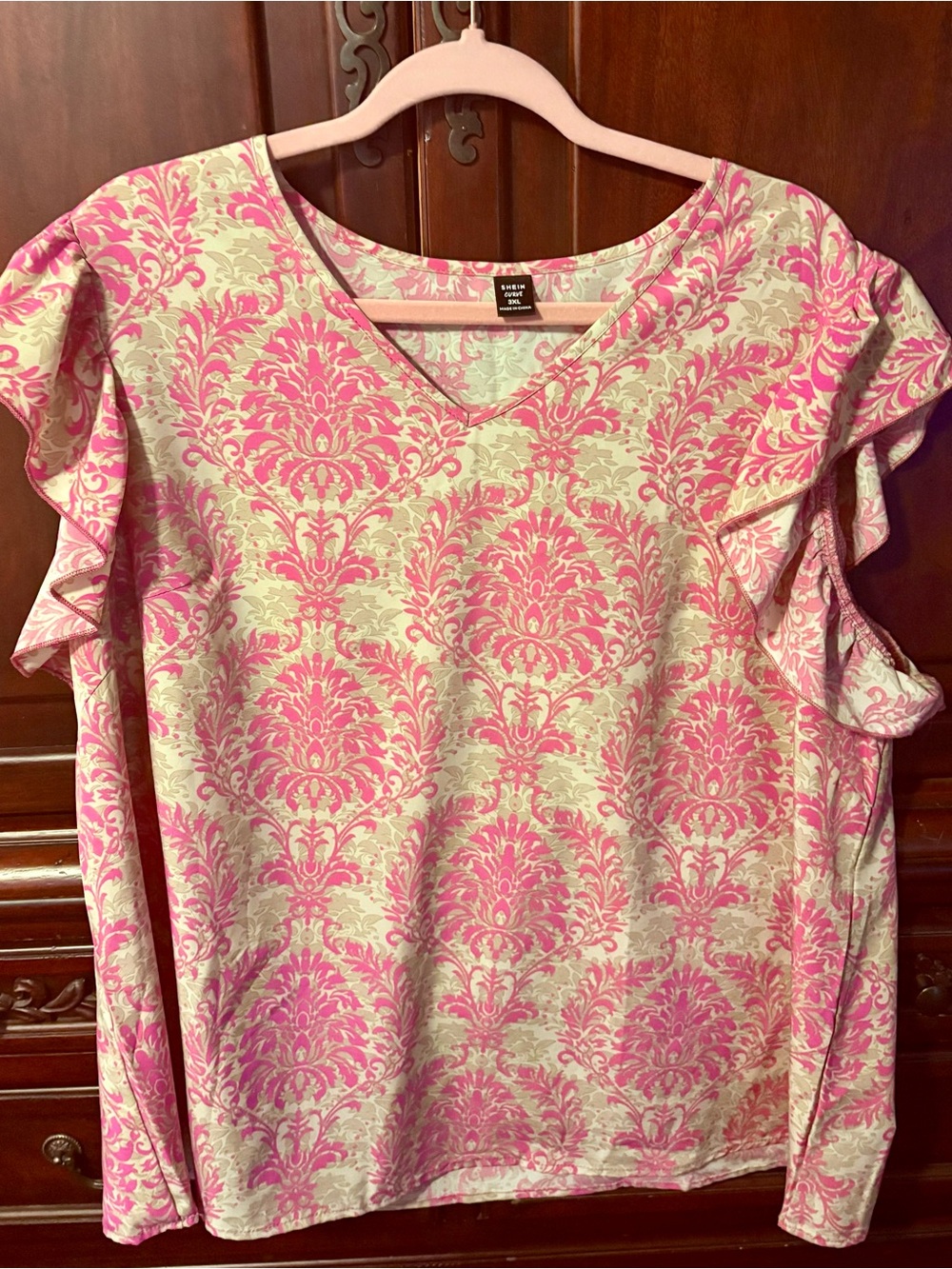 SHEIN Pink Damask Ruffle Sleeve V-Neck Top